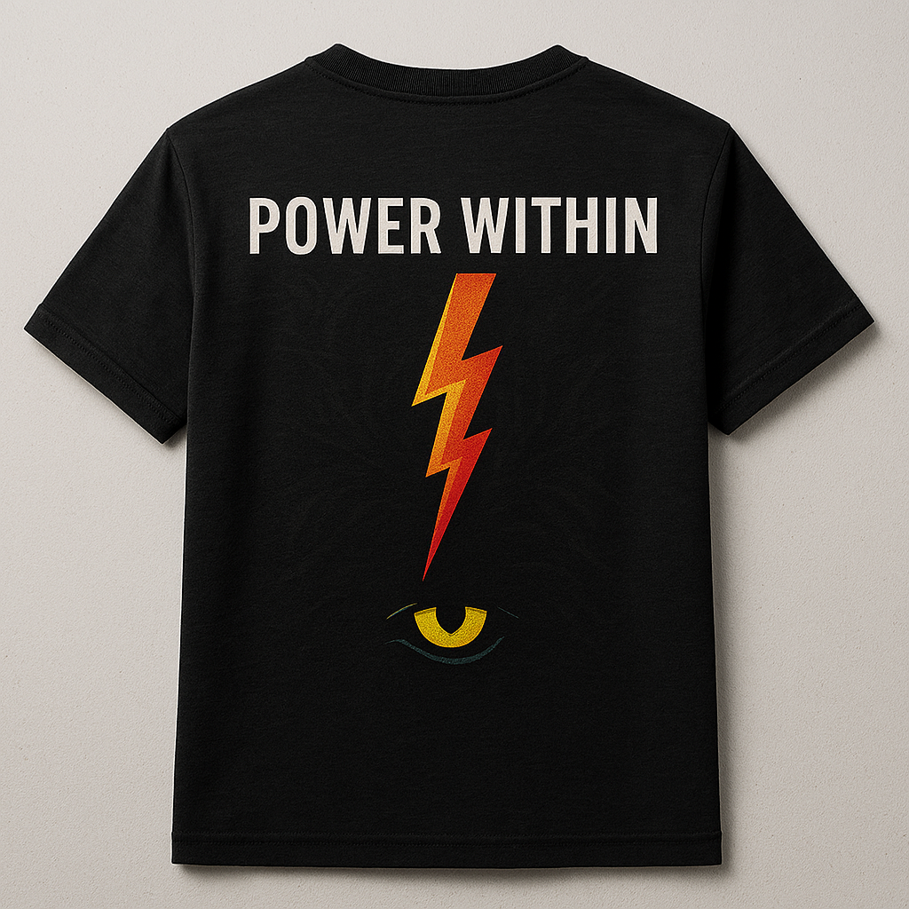 Black t-shirt with 'Power Within' text and lightning bolt design on a light gray background