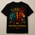 Black t-shirt with colorful tiger design and 'Instinct Eternal' text on a beige background