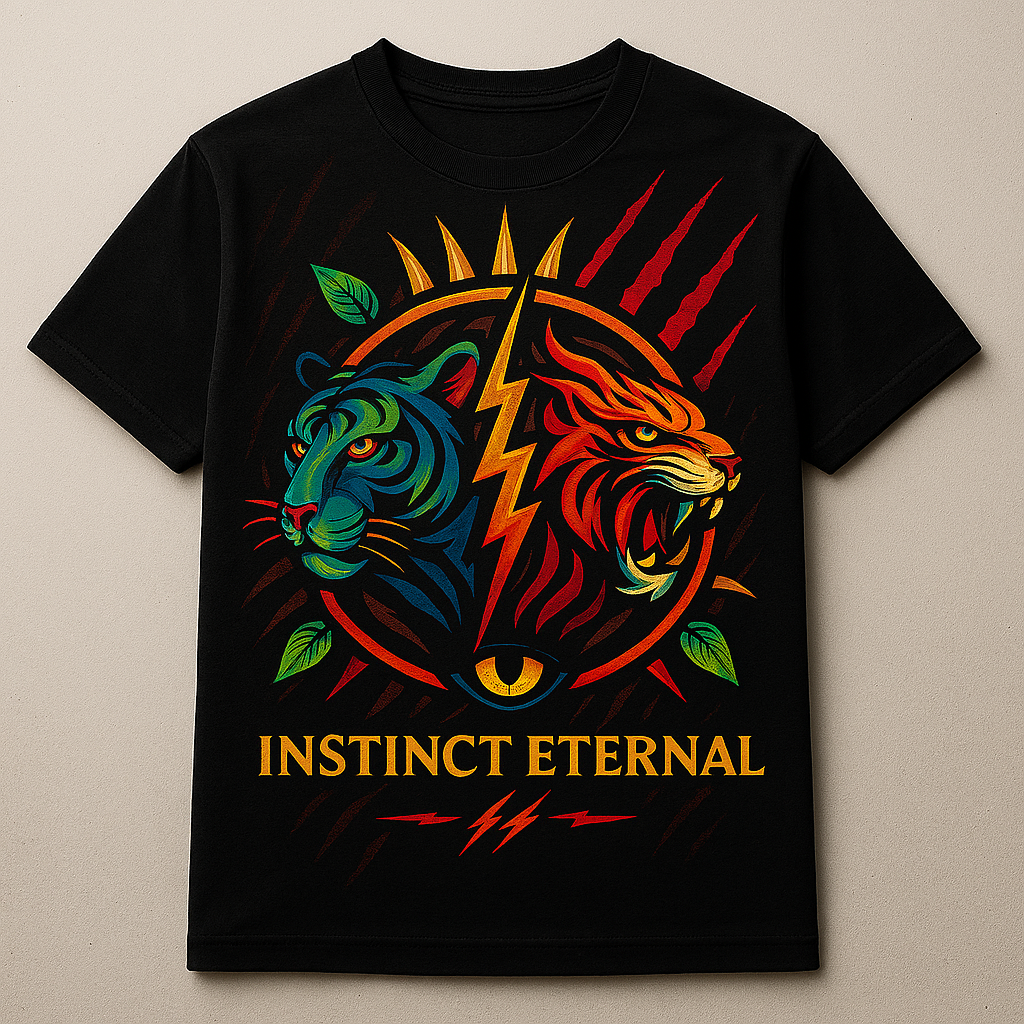 Black t-shirt with colorful tiger design and 'Instinct Eternal' text on a beige background