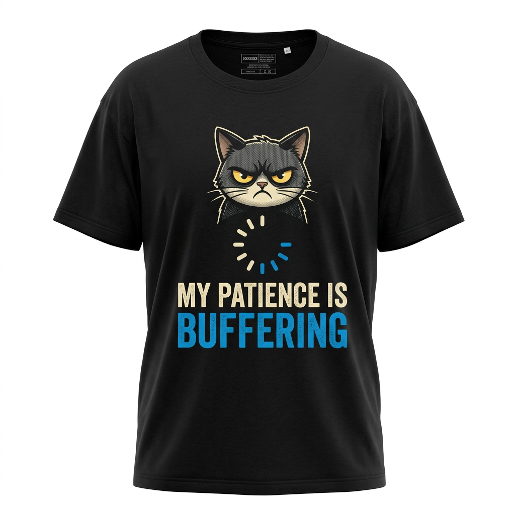 Black My Patience Is Buffering cat tee ghost-mannequin mockup