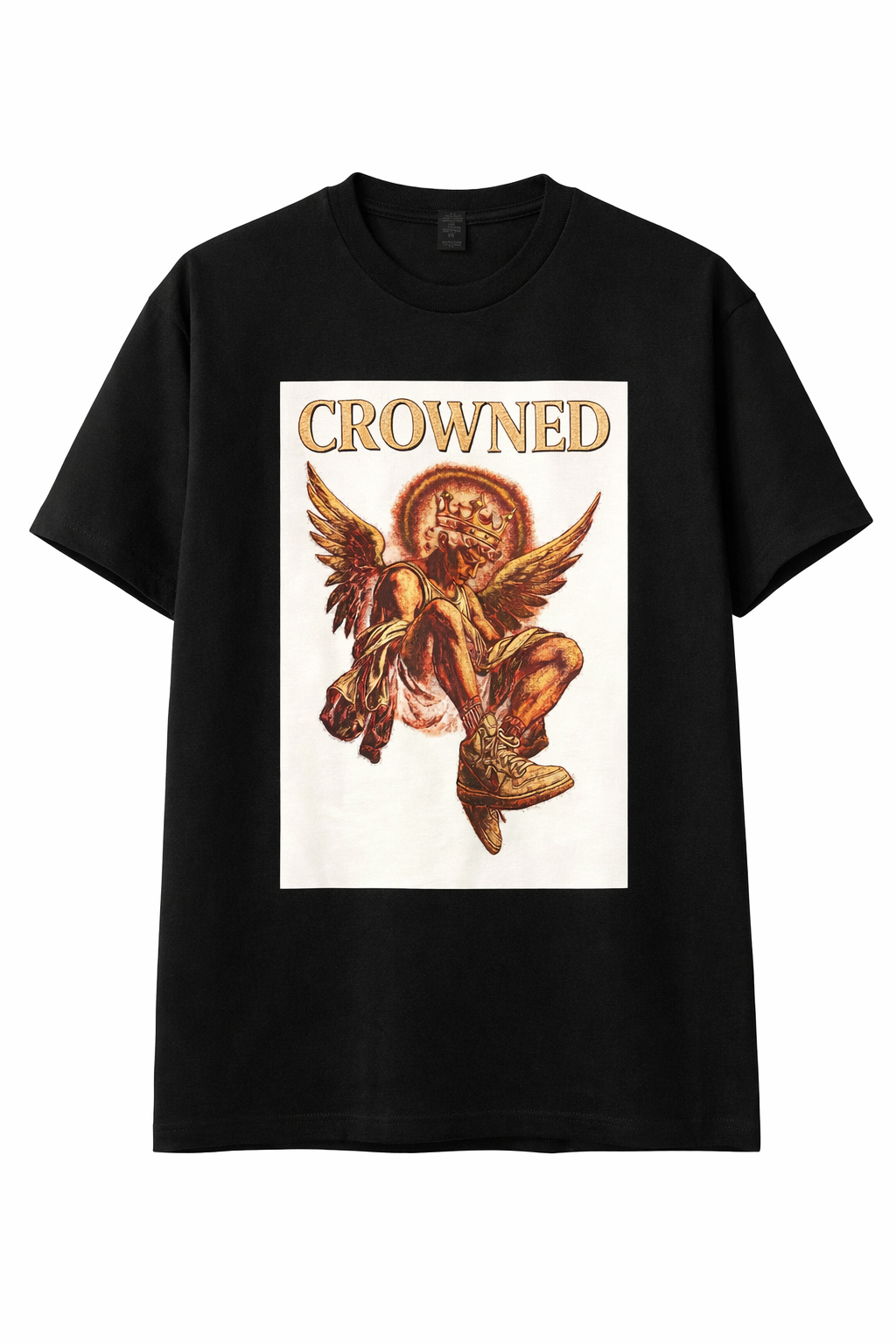 Black t-shirt with 'Crowned' graphic design featuring an angelic figure on a white background