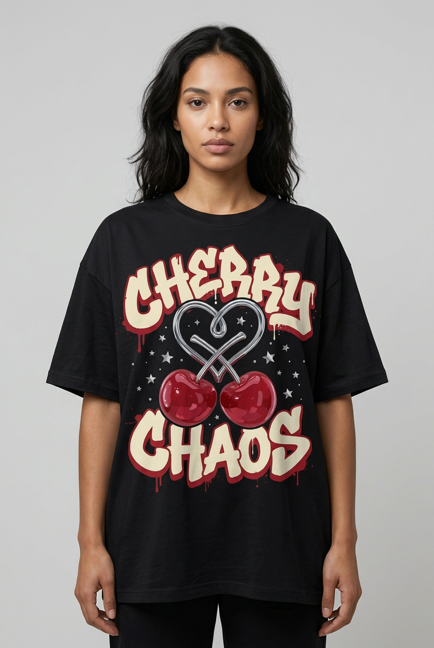 Female model wearing Cherry Chaos T-shirt concept