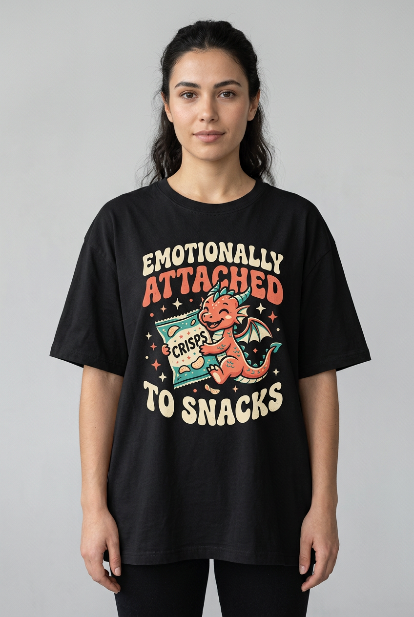 Female model wearing Emotionally Attached to Snacks funny dragon T-shirt