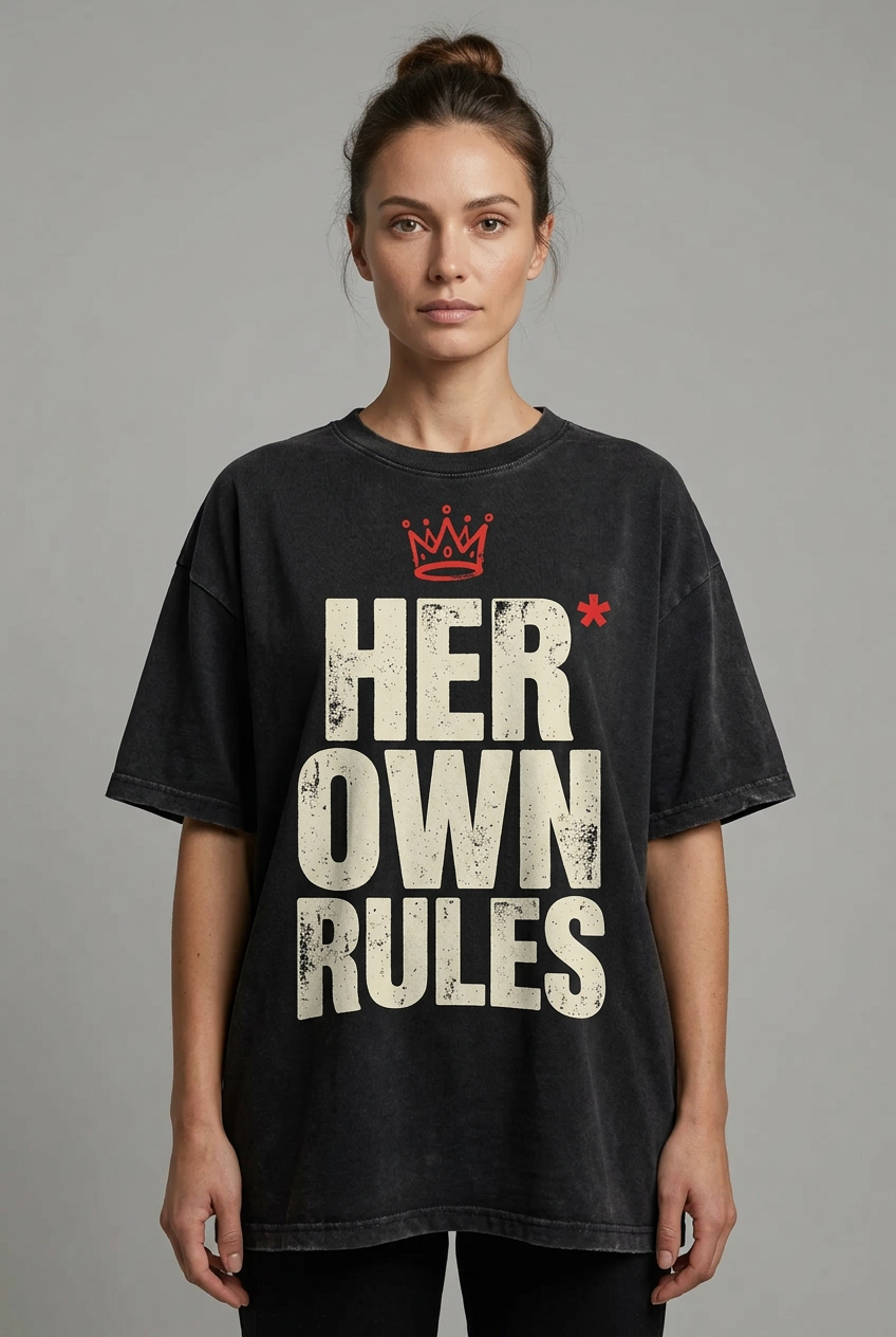 Female model wearing Her Own Rules T-shirt mockup