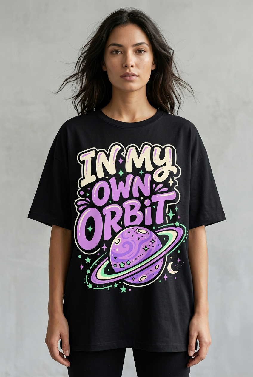 Female model wearing In My Own Orbit T-shirt concept