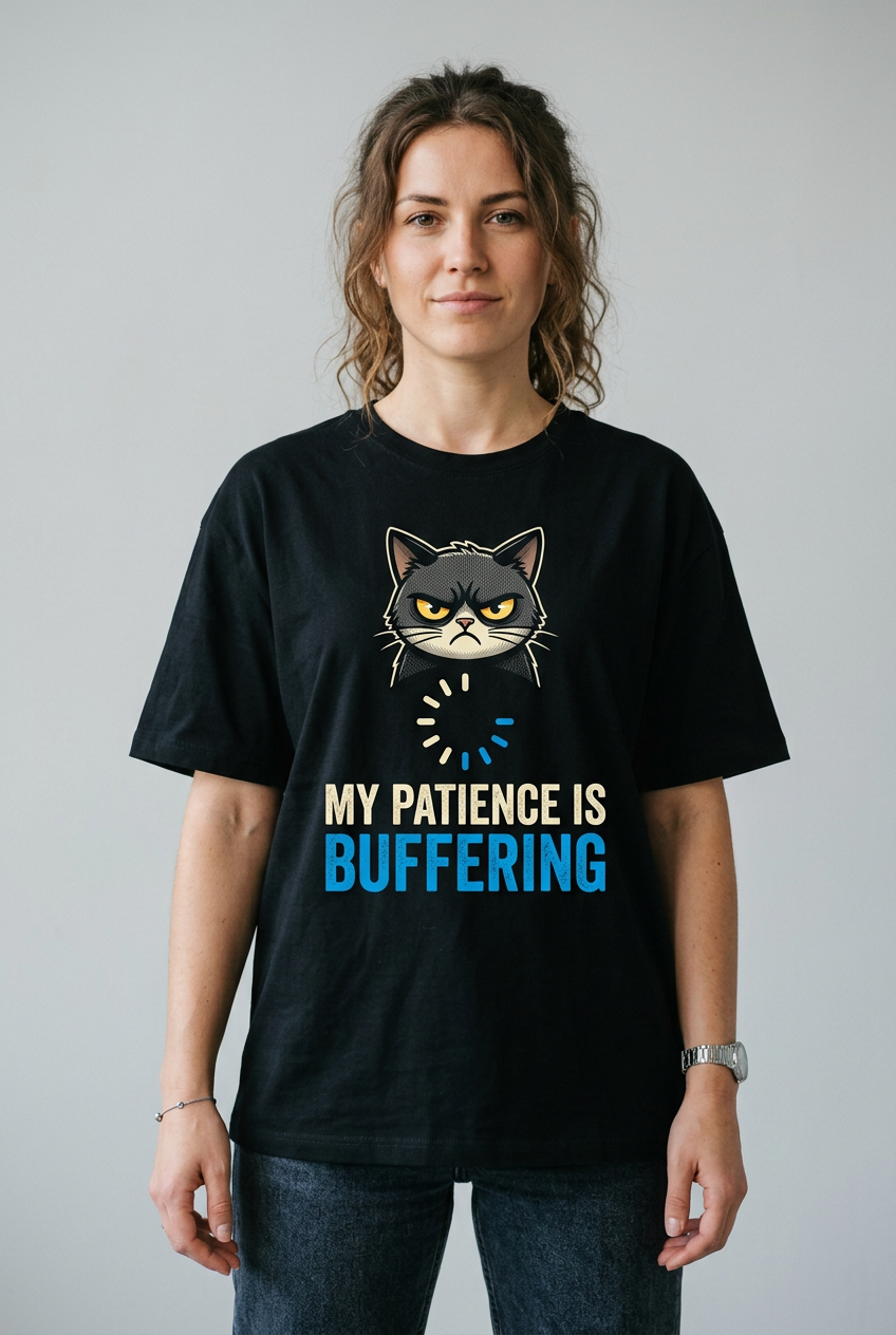Female model wearing My Patience Is Buffering funny cat T-shirt