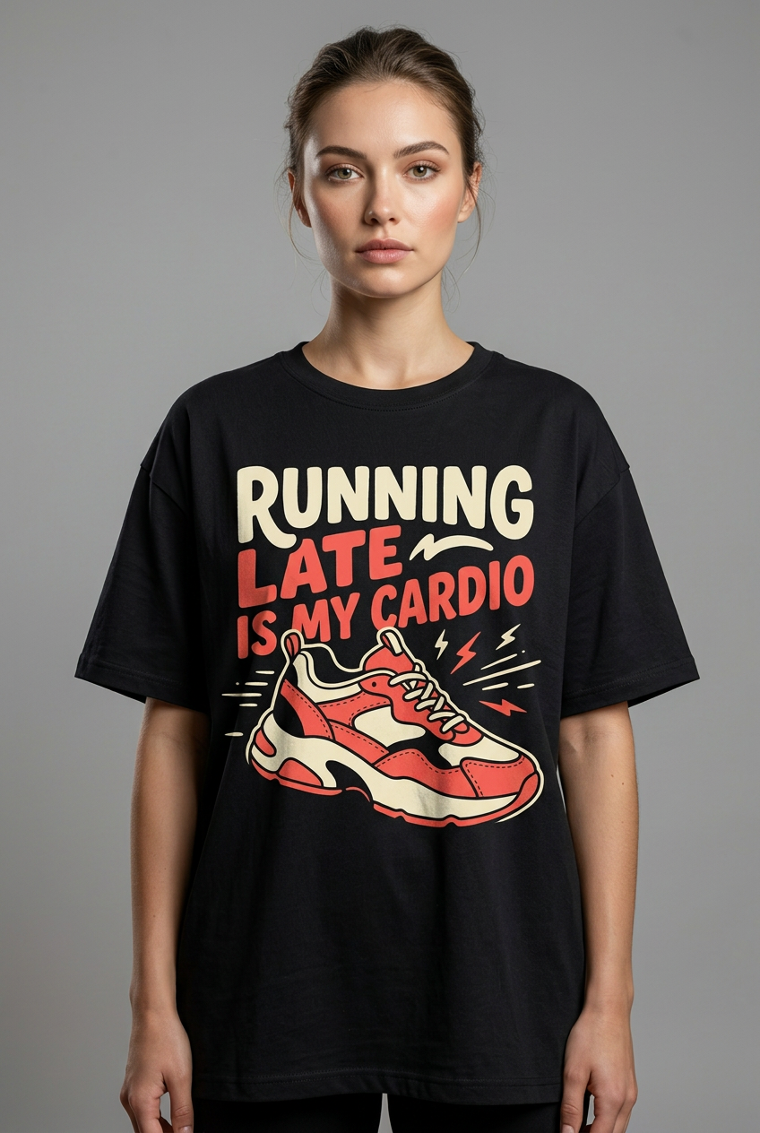 Female model wearing Running Late Is My Cardio T-shirt concept