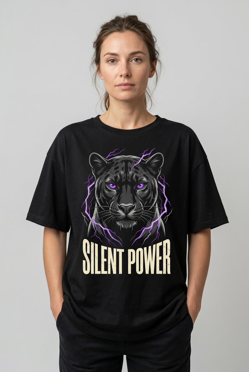 Female model wearing Silent Power T-shirt concept
