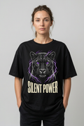 Female model wearing Silent Power T-shirt concept