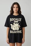 Female model wearing Socially Selective T-shirt concept