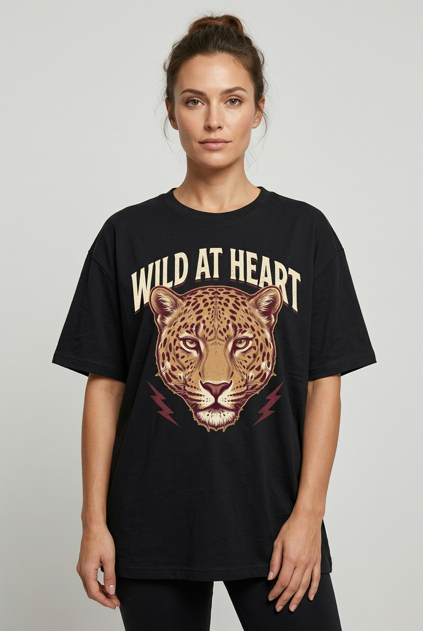 Female model wearing Wild at Heart T-shirt concept