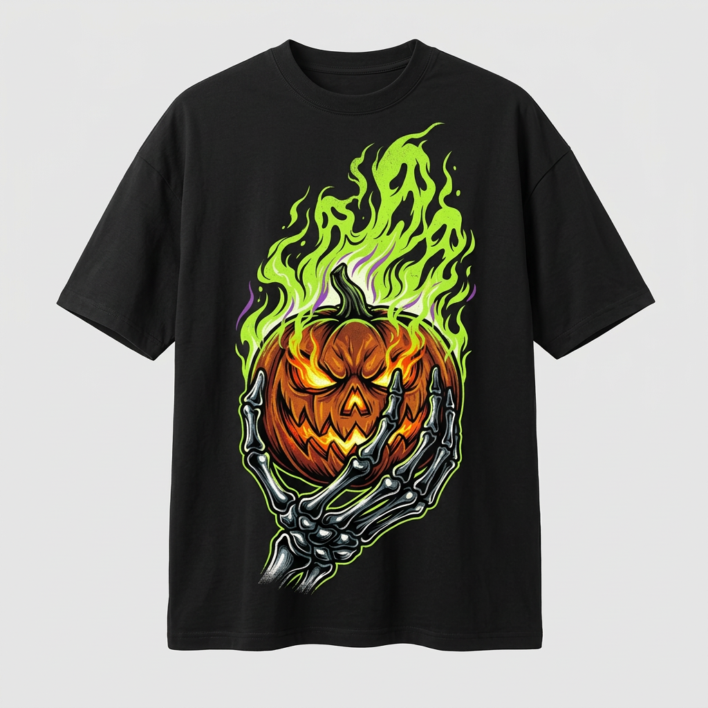 Flaming pumpkin black tee mockup