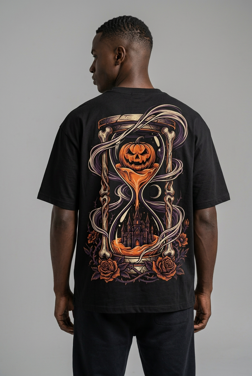 Halloween hourglass back print on a Black model