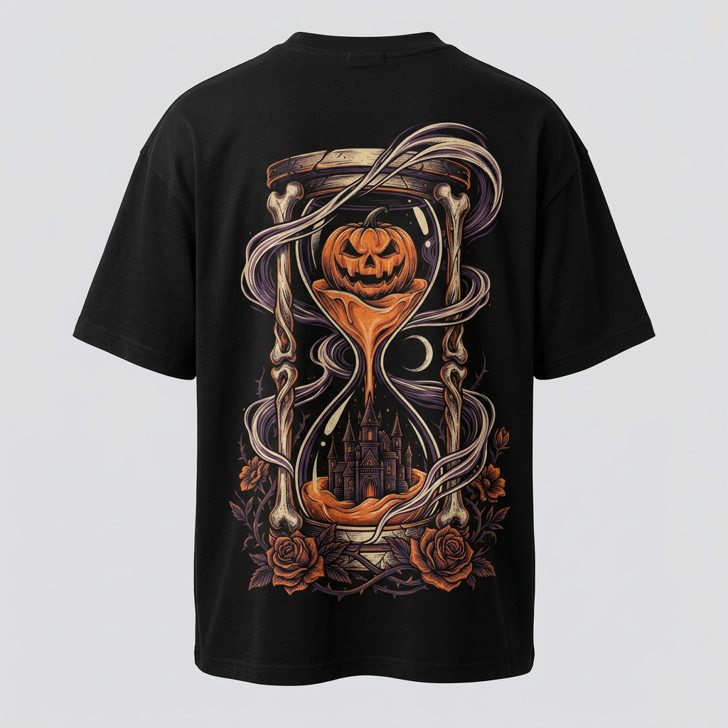 Halloween hourglass black tee back mockup