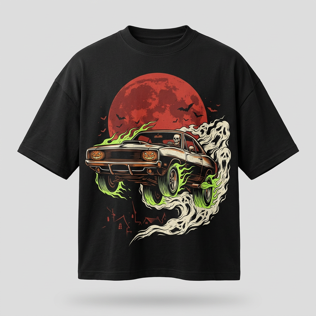 Haunted car black tee mockup