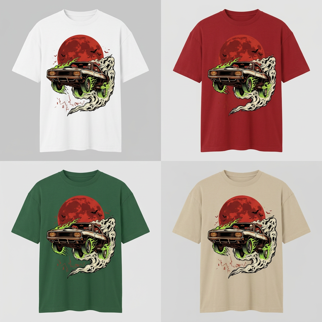 Haunted car tee in four colours