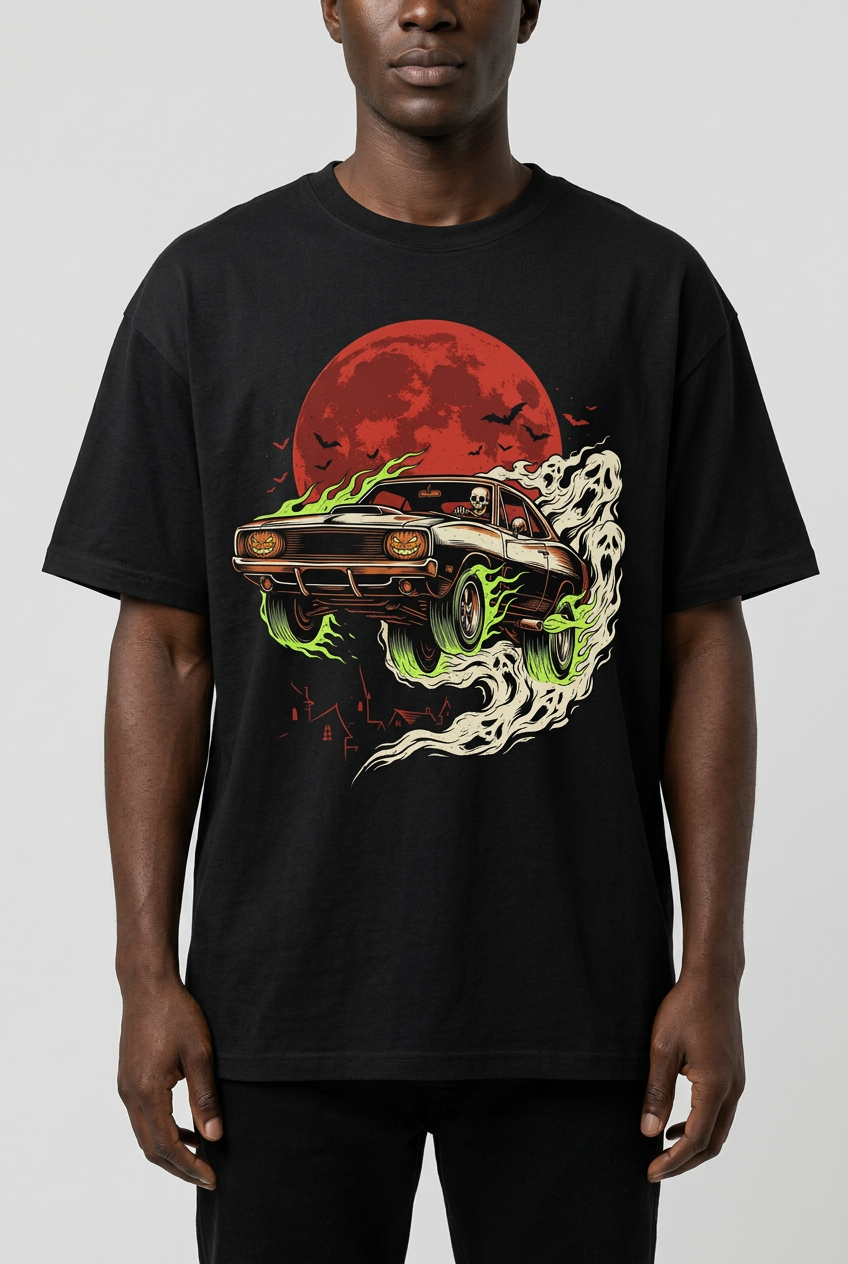 Haunted car tee on a Black model