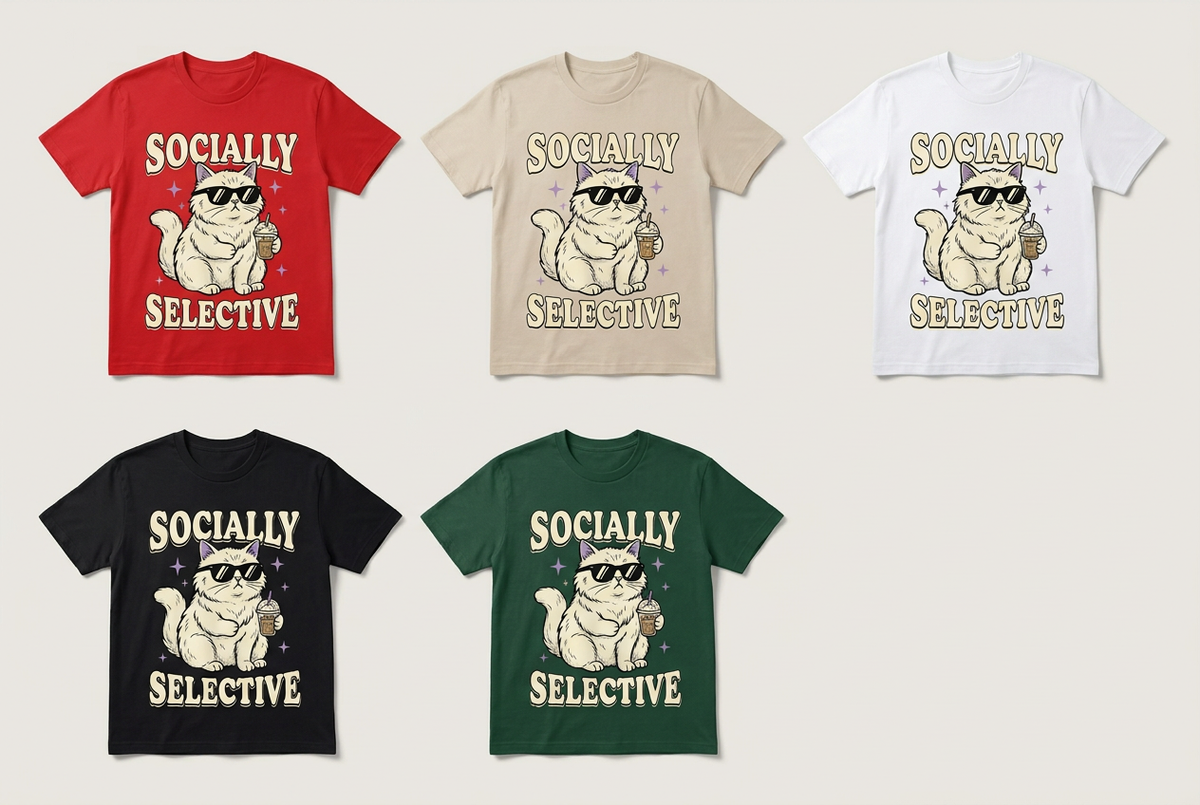 Socially Selective cat graphic T-shirt colour-lineup mockup in red, beige, white, black and forest green