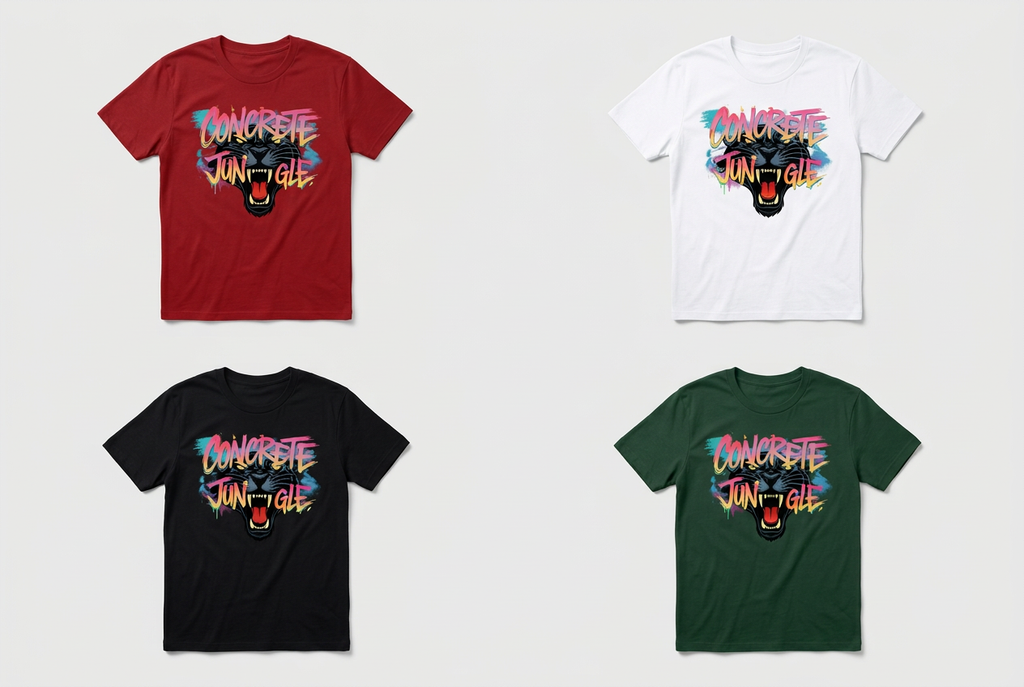 Concrete Jungle T-shirt smaller-print mockups in red, white, black and forest green