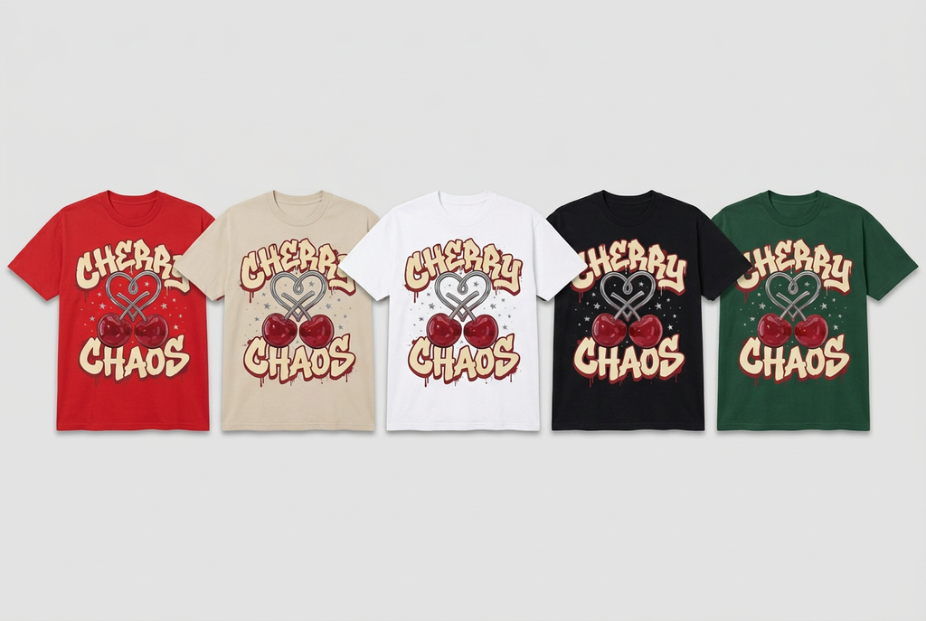 Cherry Chaos T-shirt colour-lineup mockup in red, beige, white, black and forest green