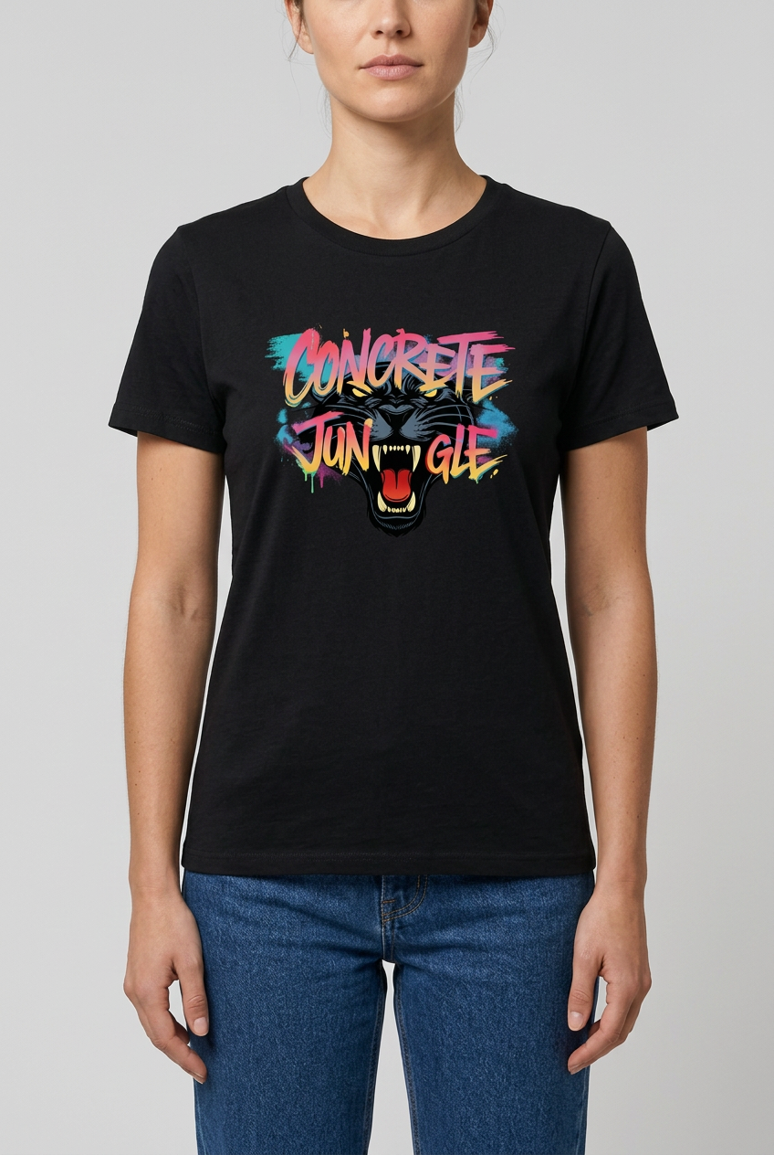 Female model wearing a black Concrete Jungle panther graphic T-shirt with a compact chest print