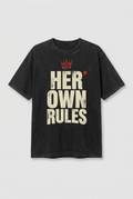 Flat-lay mockup of a charcoal Her Own Rules graphic T-shirt with a smaller centred print