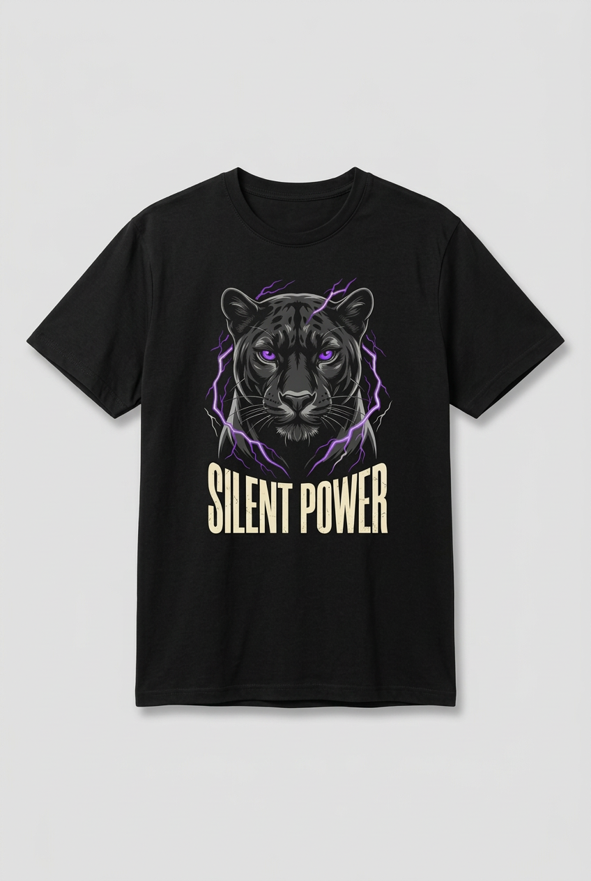 Flat-lay mockup of a black Silent Power panther graphic T-shirt with a smaller centred print