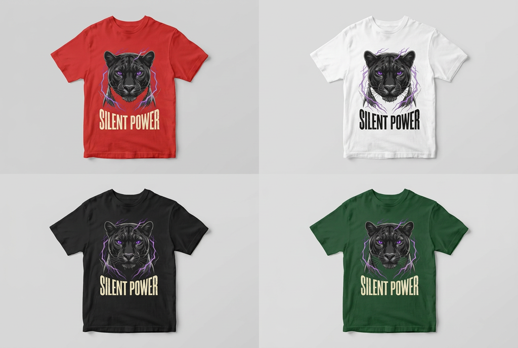 Silent Power panther T-shirt colour mockup in red, white, black and forest green