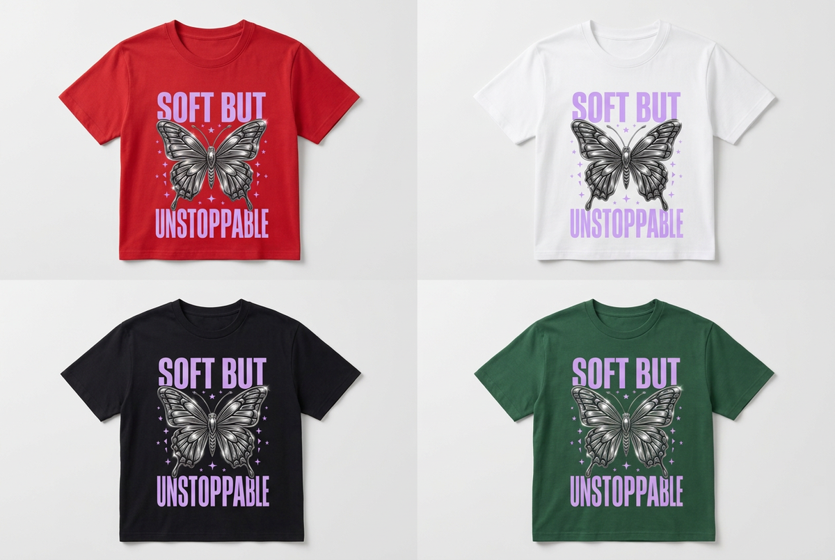 Soft But Unstoppable butterfly T-shirt mockups in red, white, black and forest green