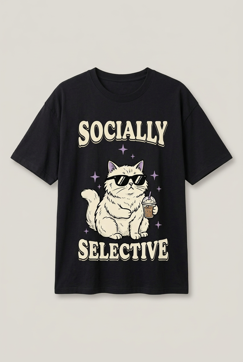 Flat-lay mockup of a black Socially Selective cat graphic T-shirt