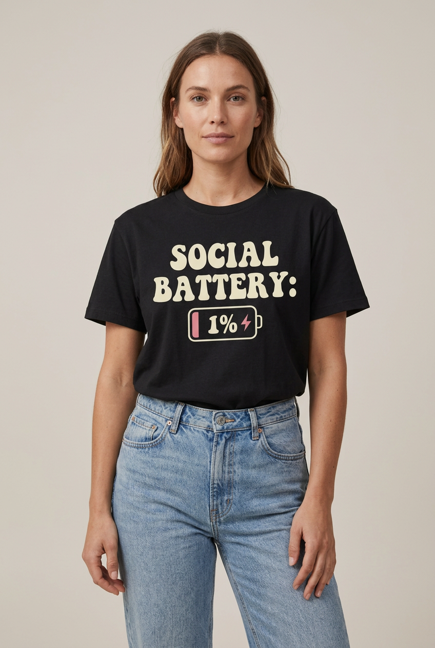 Model wearing the black Social Battery tee