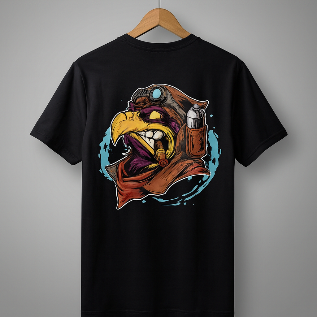 Black t-shirt with a colorful graphic design 