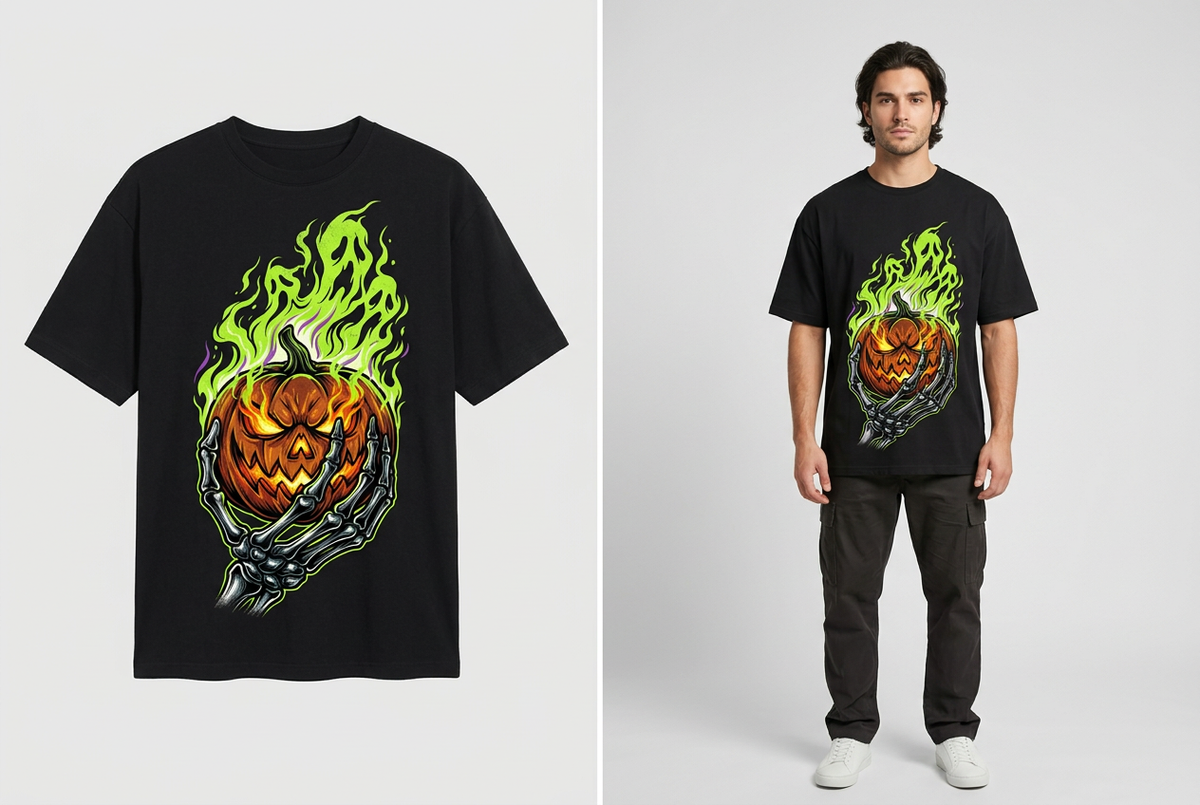 Pumpkin and skeleton-hand artwork on a black tee and model