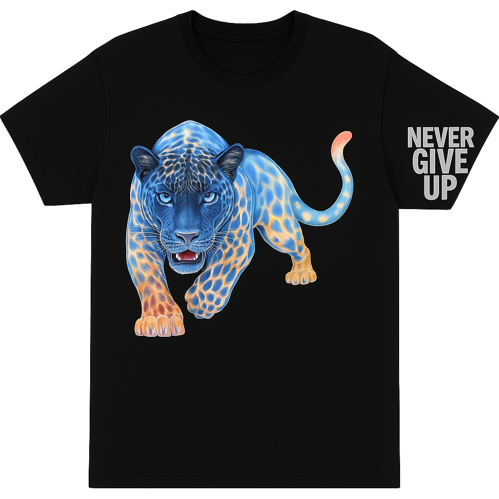 Black t-shirt with a blue panther graphic and 'Never Give Up' text on a white background