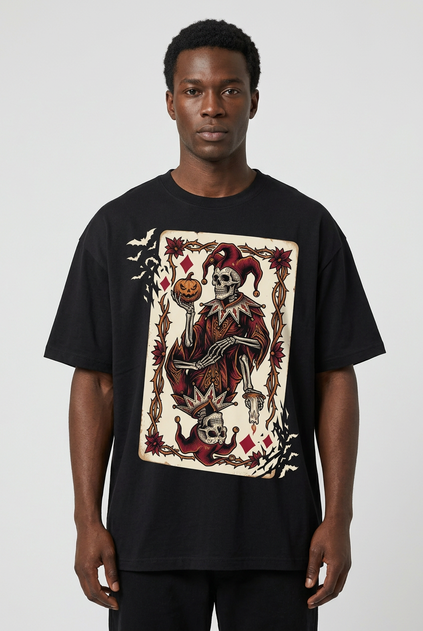 Skeletal jester tee on a Black model