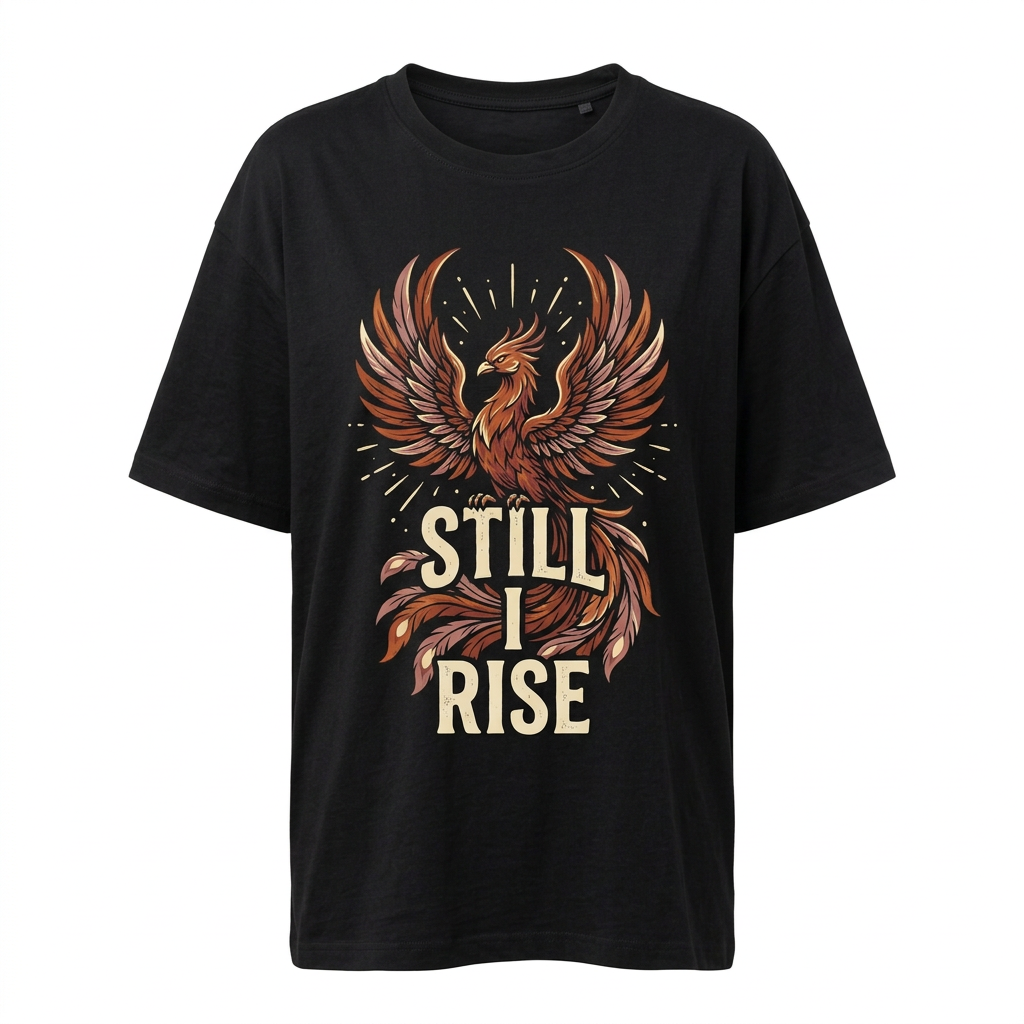 Still I Rise black phoenix tee ghost-mannequin mockup