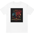 White t-shirt with a graphic design of two roaring lions and 'Instinct Eternal' text on a black background.