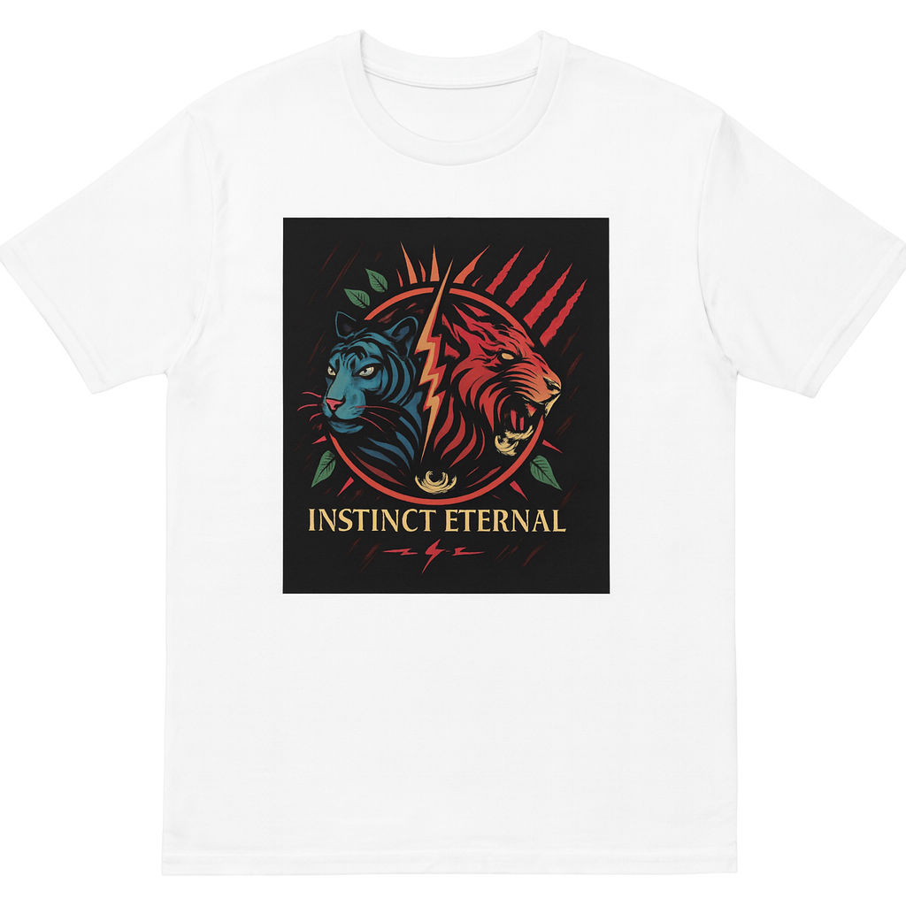 White t-shirt with a graphic design of two roaring lions and 'Instinct Eternal' text on a black background.